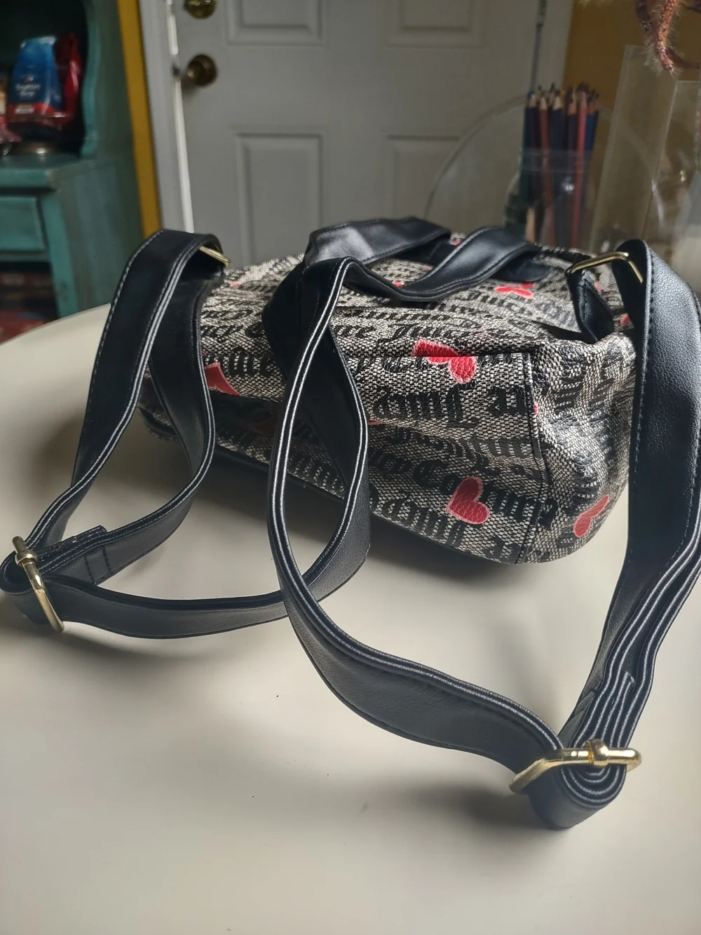 Juicy Couture Black Logo Valentine Hearts Canvas Mini Backpack Red Heart Charm